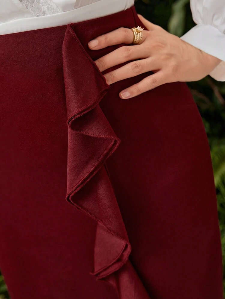 Burgundy Red Solid Ruffled Hem Skirt