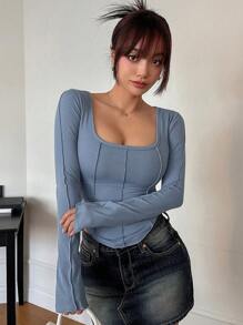 DAZY 女式长袖方领开叉紧身T恤，秋季服装 - 藍色 - 查看 3