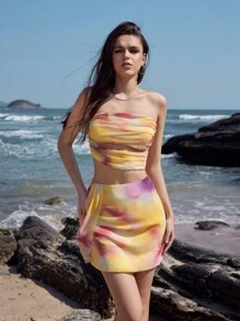 SHEIN Holidaya 女性霓虹色染色荷葉邊無肩帶上衣和裙子兩件套裝 - 珊瑚橙 - 查看 4