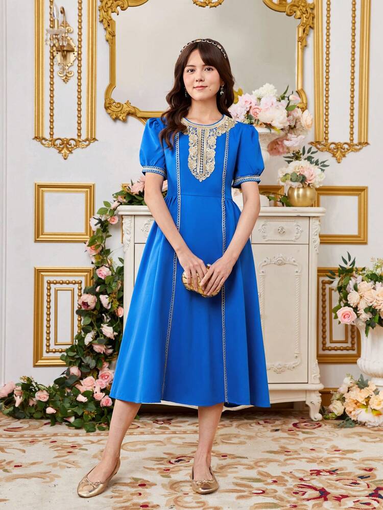 Round Neck Floral Lace Embroidery Teen Girl Dress
