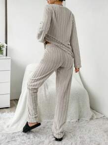 SHEIN Cottnline Women's Cartoon Panda Embroidery Flannel Pajama Set - Beige - View 2