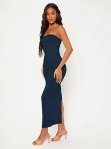 SHEIN BASICS Women's Backless Bandeau Dress With Split Hem - Navy Blue - View 5