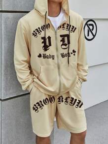 Manfinity Roughcore Ensemble De Shorts Et De Sweat À Capuche À Cordon De Serrage Imprimé En Lettre Pour Homme De Grande Taille - Nude - Voir 4