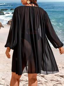 Swim Lushoire Plus Size Women's Geometric Embroidery Lantern Sleeve Cover-Up Dress Summer - Multicolor - View 2