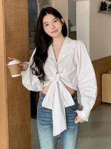 DAZY 女式系带长袖衬衫，秋季女装 - 白色 - 查看 5