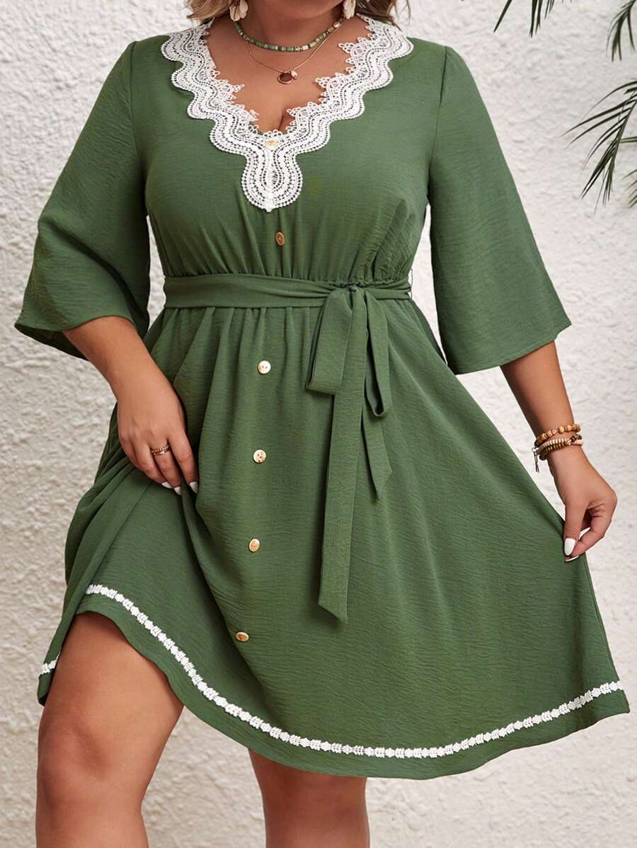 SHEIN Clasi Plus Size Women's Lace Trim V-Neck Dress - Green - View 1