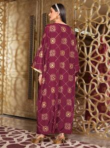 Al Najma 勃艮第红色女式刺绣蝙蝠袖长袍，带拼布