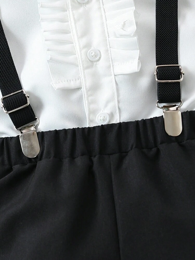 2pcs/Set Baby Boys' Black And White Bowtie Gentleman Style Shirt And Pants Set