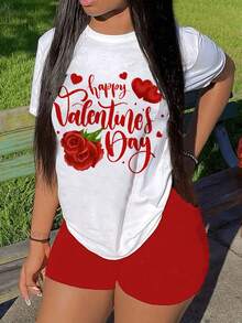 SHEIN 女式花卉和標語印花短袖t恤和短褲套裝 - 彩色 - 查看 5