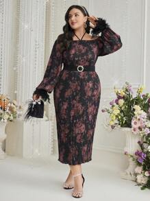 Modelyn Plus Size Floral Print Halter Neck Cold Shoulder Feather Embellished Fashion Dress, Wedding Guest Dress Long Evening Dresses - Multicolor - View 3