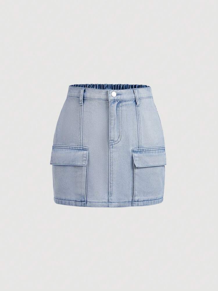 Teen Girl's Casual High Waist Mini A-Line Denim Skirt With Cargo Pocket Detail