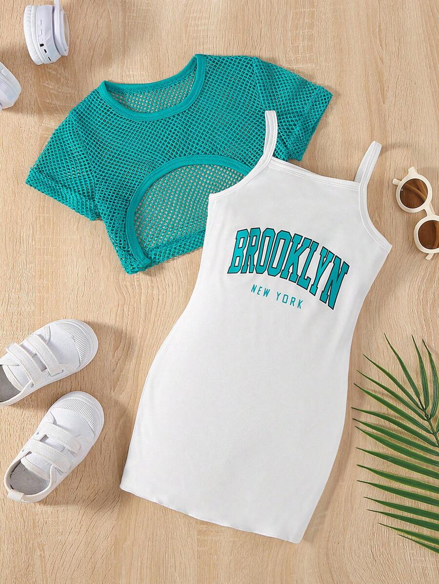 SHEIN Young Girl Leisure Sporty Short Sleeve Cut Out Cover Up Top And Letter Printed Spaghetti Strap Dress Set For Summer - Green - View 1