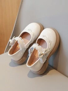 Children's Spring Autumn New Style Beige Little Leather Shoes With Pearl & Bow-Knot Decor Princess Shoes For Toddler Girls