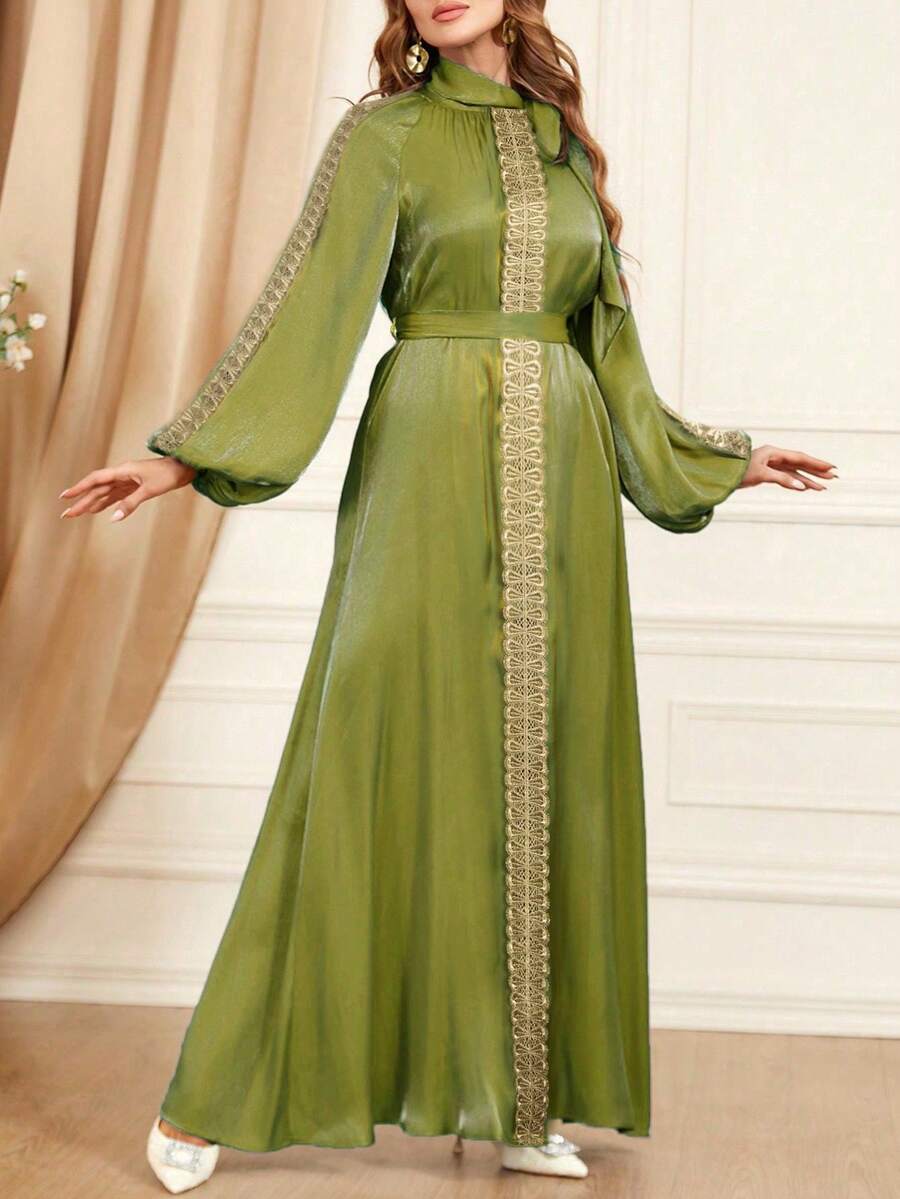 Đầm Maxi Cổ Cao Tay Dài Ren Cinching Eo Cho Nữ - màu xanh lá - Xem 1