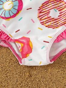 SHEIN Young Girl Casual Donut Printed Knitted Round Neck Long Sleeve Top And Triangle Swimwear Set - Pink - View 5