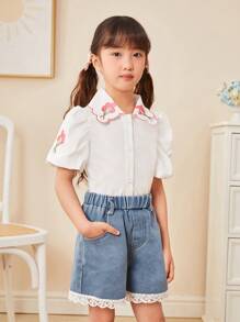 SHEIN 少女花卉刺繡泡泡短袖襯衫和牛仔短褲兩件套 - 白色 - 查看 4