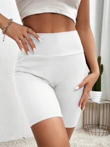 SHEIN Unity Women's Wide Waistband Ribbed Shorts, Shorts As Bottoming - White - View 4
