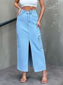 RueChic 女士牛仔分叉擺長裙,配破損邊修剪 - 中等水洗藍 - 查看 6