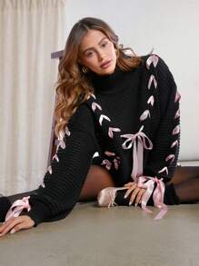 Hauture Women Ribbon Tied Pullover Sweater - Black - View 1