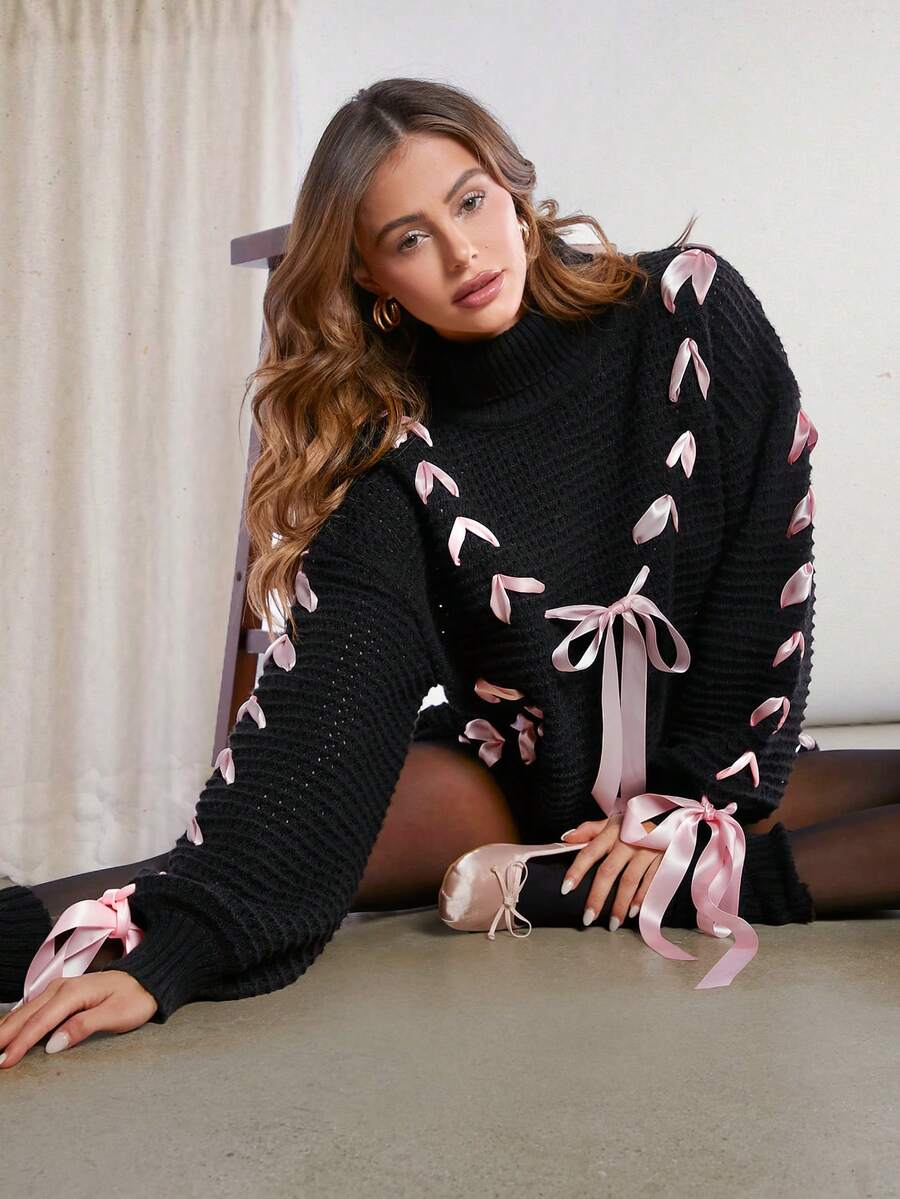 Hauture Women Ribbon Tied Pullover Sweater - Black - View 1