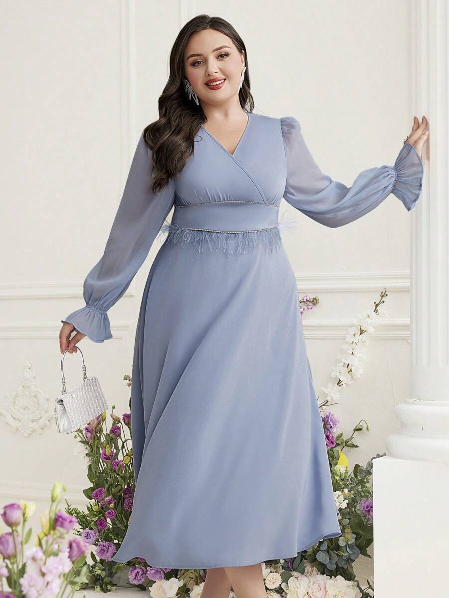 Modelyn Đầm dạ hội dài tay đèn lồng màu trơn cỡ lớn cổ chữ V thường ngày - Màu xanh lam - Xem 1
