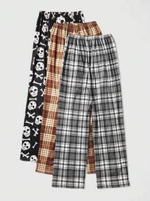 ROMWE Goth 3 cái/bộ Của phụ nữ Giải trí Kẻ sọc Sọ In hoa kỹ thuật số Quần thể thao Với Bowknot , Đen - Nhiều màu - Xem 2