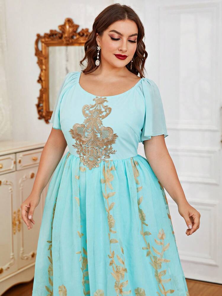 Plus Size Embroidery Detail Flare Sleeve Mesh Overlay Dress, Comfortable, Elegant, Gorgeous, And Conservative For