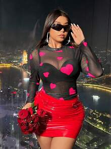 SHEIN ICON Kích thước lớn Của phụ nữ Hình trái tim Lưới trong suốt Viễn cảnh Áo - Màu Hồng Tươi - Xem 4