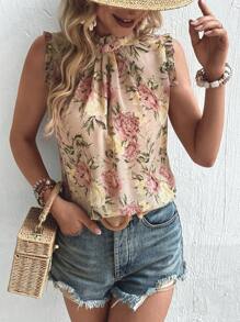 Breezaya Floral Print Keyhole Back Sleeveless Blouse - Apricot - View 4