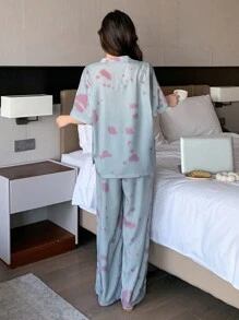 DAZY 扎染效果花卉印花缺口领睡衣套装 - 灰色 - 查看 2