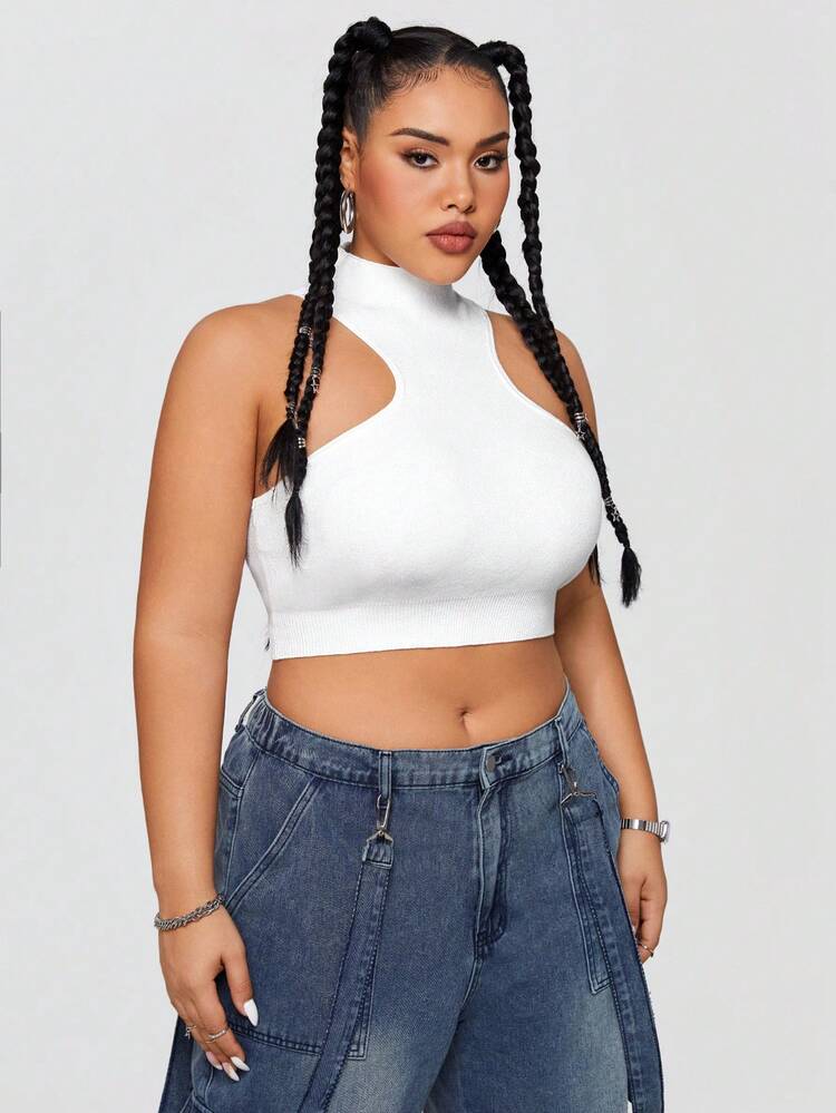 Plus Size Bodycon Knitted Hollow Out Sleeveless Top