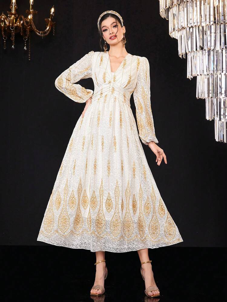 Women's Plant Printed Lace Lantern Sleeve Dress Long Evening Dresses Fall Cloth For Women