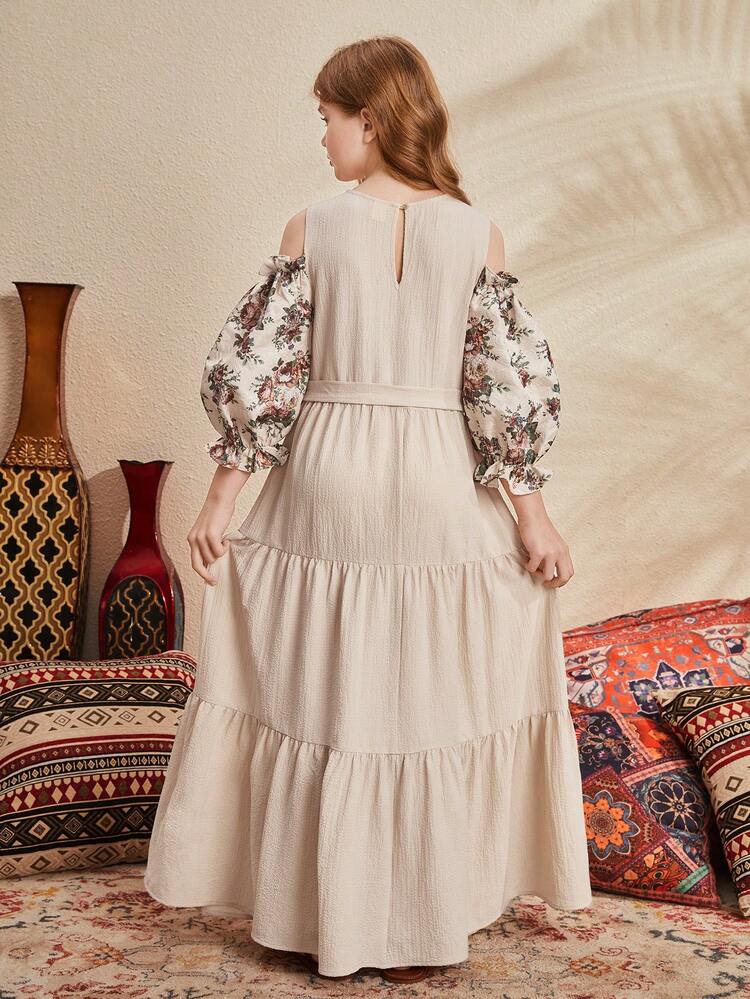 Tween Girls' Loose Casual Open Shoulder Ruffle Sleeve Long Dress With Round Neck