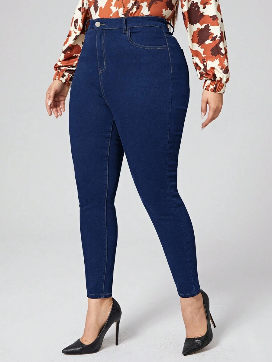 SHEIN Essnce Kích thước lớn Màu thuần Thon gọn Quần jean - Rửa tối - Xem 1