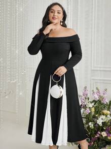 Modelyn Plus Size Women's Off-Shoulder Long Sleeve Color Block Dress - Black and White - View 5