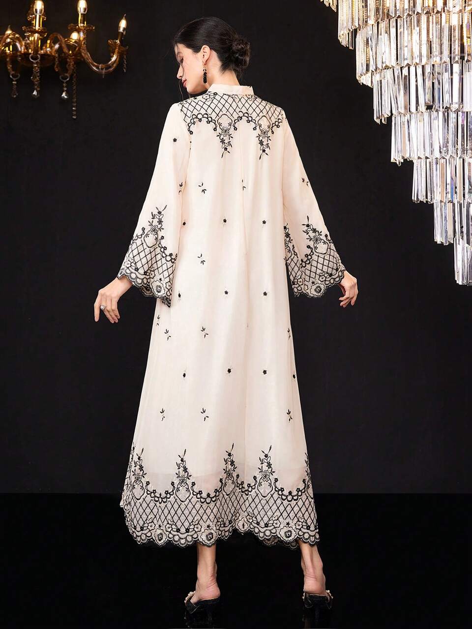 Notched V-Neck Flared Sleeve Arabic Style Dress