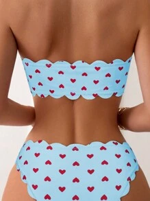SHEIN Swim 女式愛心印花比基尼套裝,帶扇貝邊 - 藍色 - 查看 3