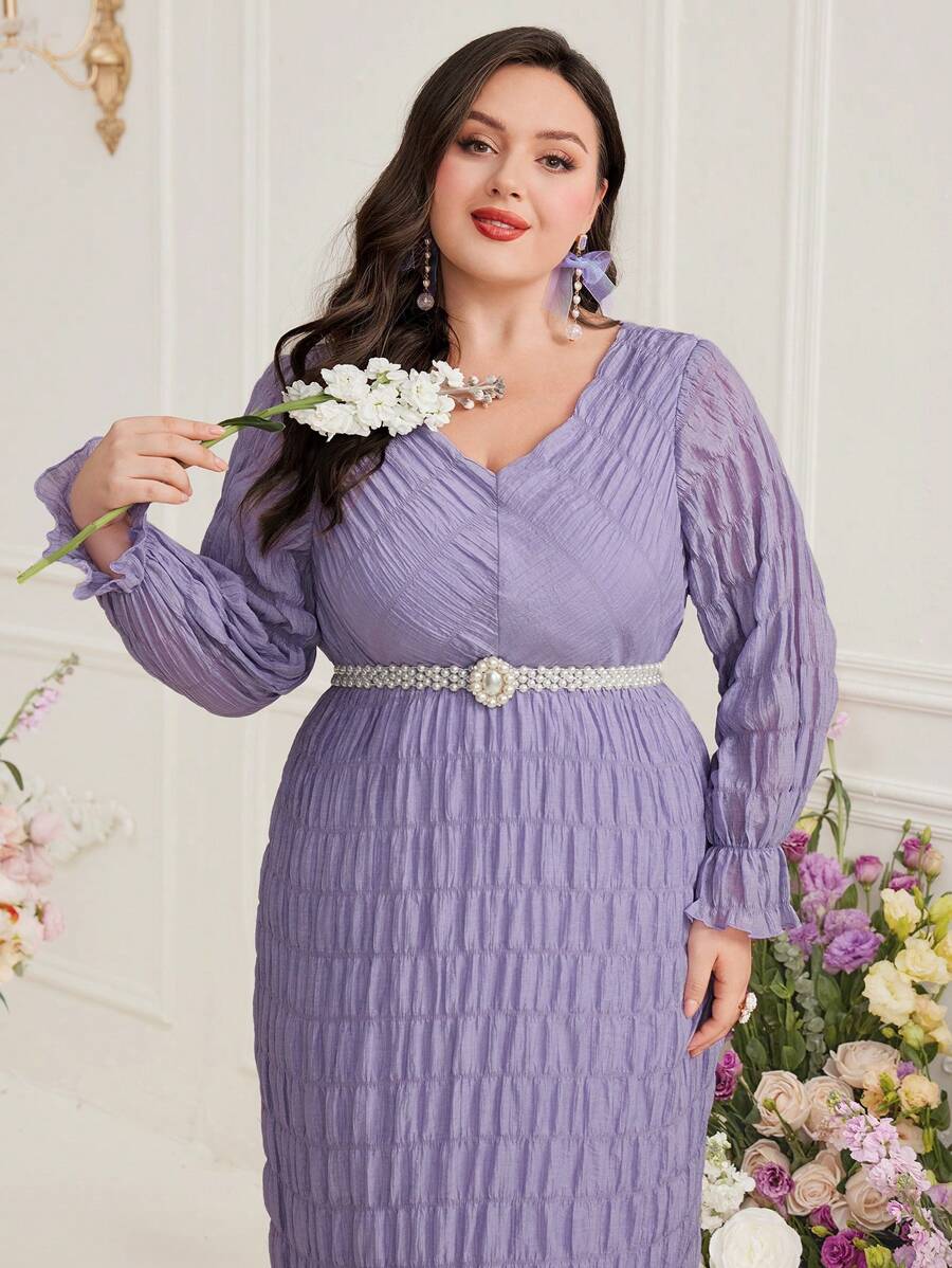 Modelyn Plus Size Women's V-Neck Long Sleeve Dress Long Evening Dresses - Purple - View 1