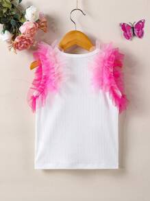SHEIN Young Girl Summer Elegant Ombre Frill Trim Ribbed T-Shirt - White - View 2