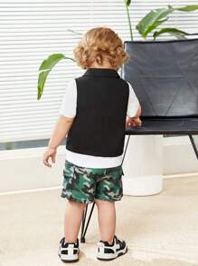 SHEIN Baby Boy's Casual Outdoor Solid Color Vest, Short Sleeve T-Shirt, Camouflage Shorts Set - Multicolor - View 4