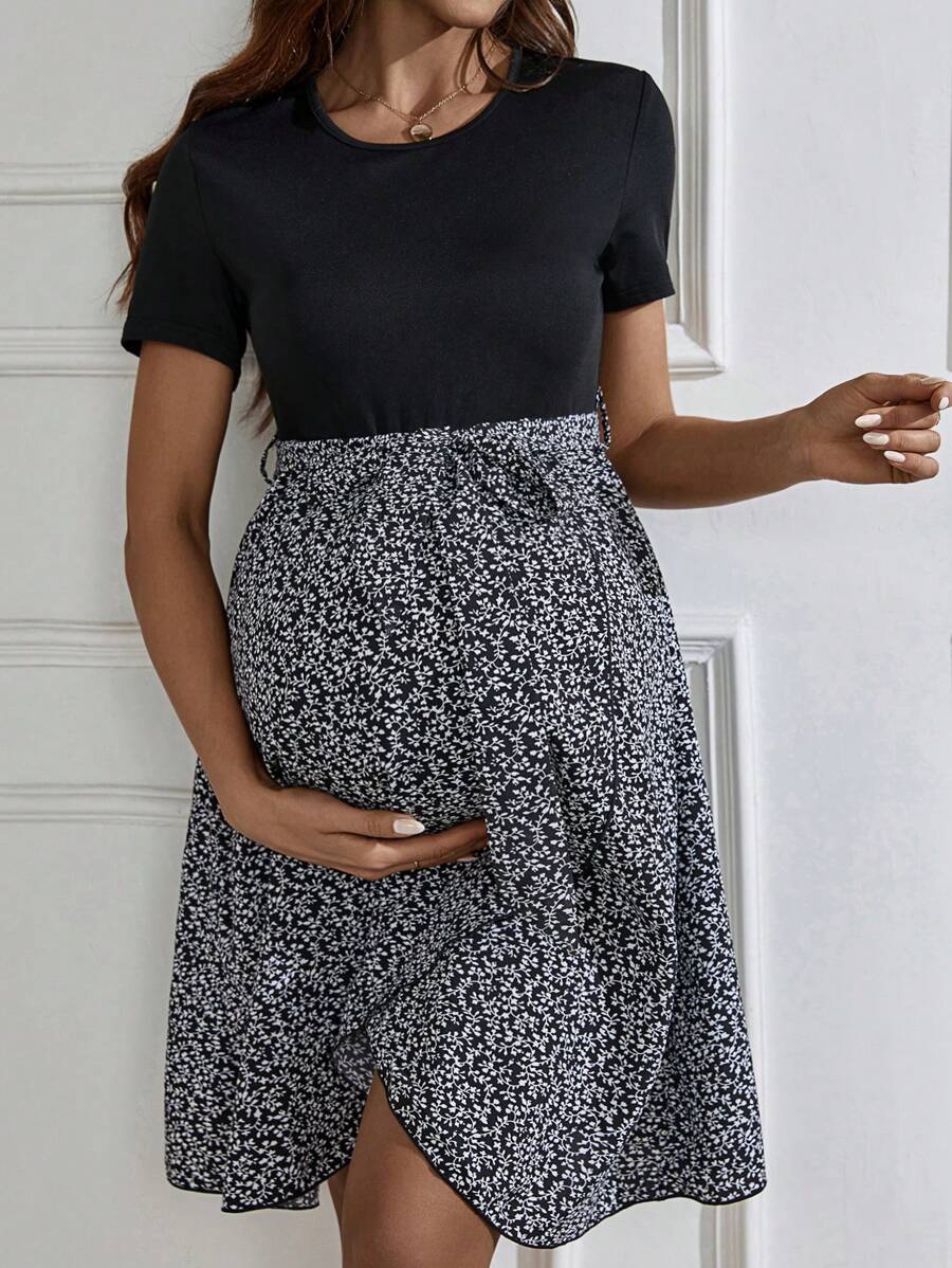 SHEIN Maternity Belted Dress With Plant Print - Black - View 1