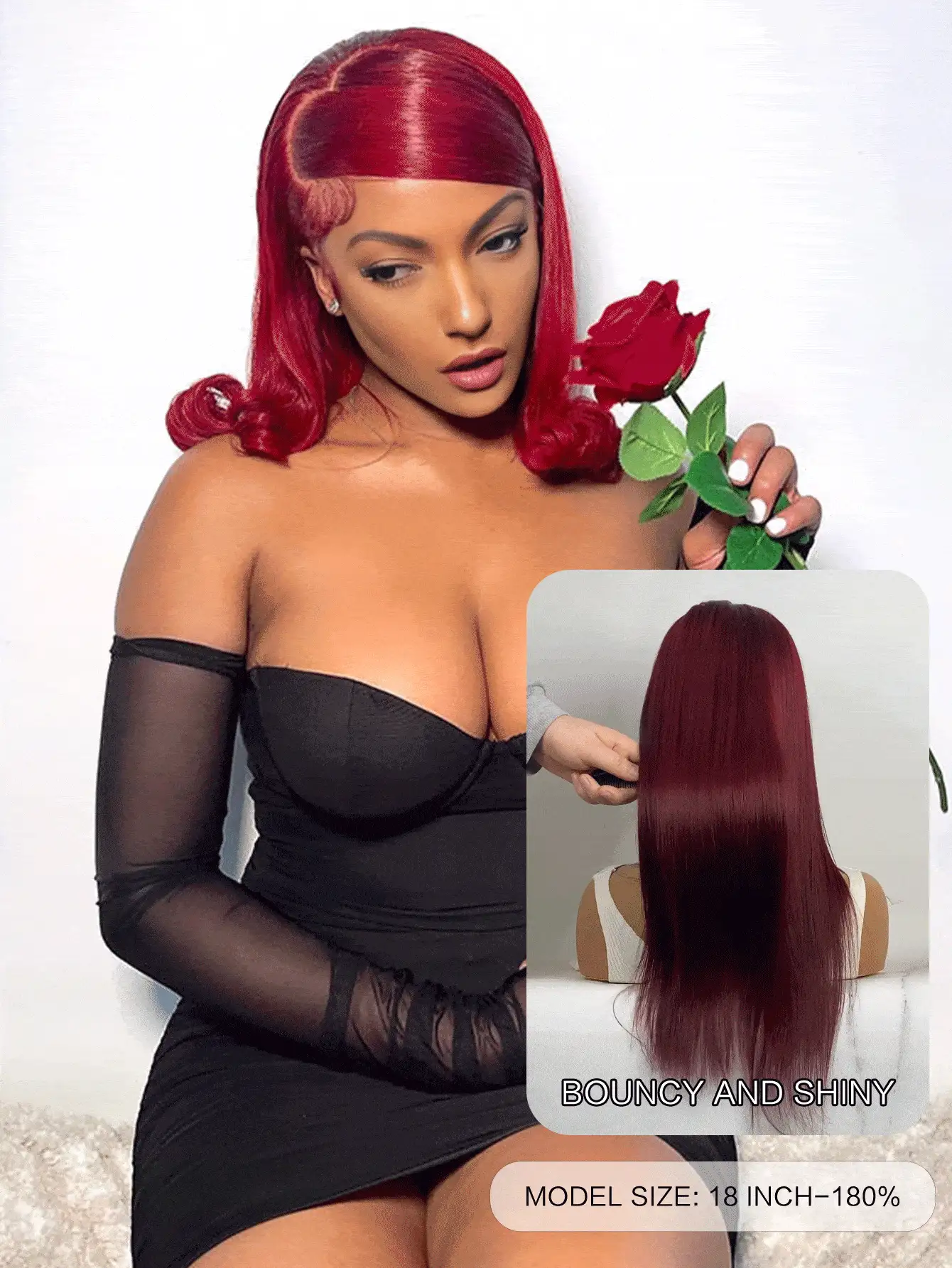 Perruque De Soirée Couleur Rouge Vineux Foncé 99j#, Coupe Pré-découpée 5x5 Sans Colle Avec Fermeture Droite Sans Colle Et Avec Un Bonnet Aéré Pour Une Utilisation Quotidienne De Cheveux Humains Vierges Bruts Non Transformés - S99J - Voir 2