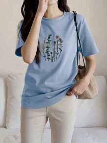 DAZY 花卉印花 T 恤 无付出，无收获 - 霧霾藍 - 查看 1