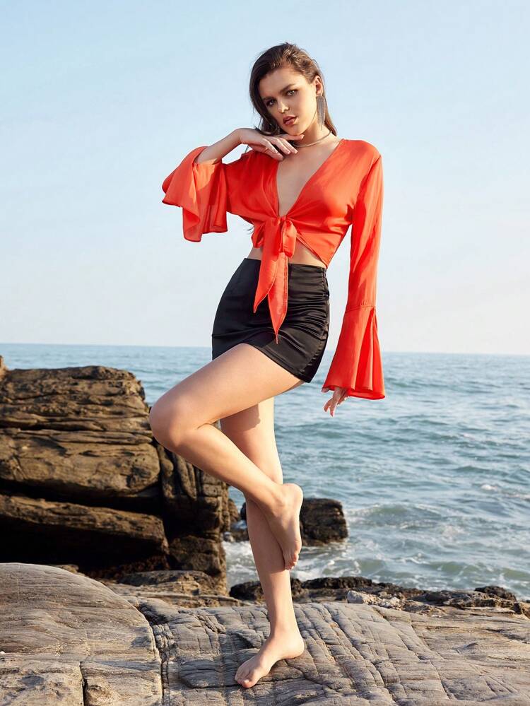 Women's Short Cut Tie Front Flare Sleeve Top Fall Cloth For Women