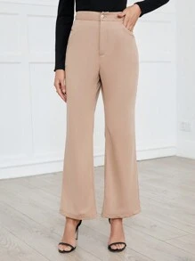 SHEIN Privé Của phụ nữ Màu thuần Quần loe - Màu Khaki - Xem 4