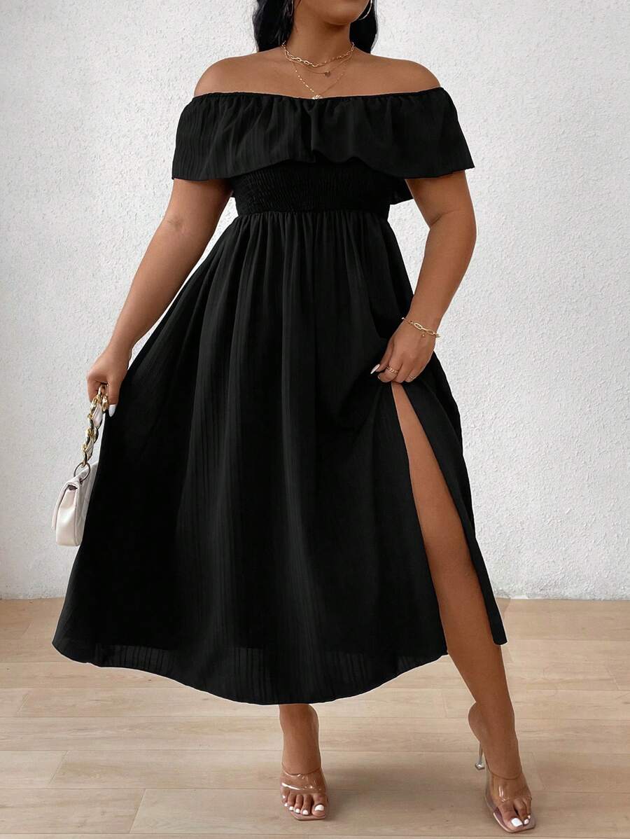 SHEIN Clasi Abito lungo da donna taglie forti con spalle scoperte e vita aderente - nero - Visualizzare 1
