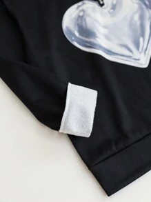 SHEIN LUNE بلوزة نسائية بسحاب نصفي مطبوعة بنمط قلب ثلاثي الأبعاد، بلوزة رياضية للخريف - الأسود - مشاهدة 3