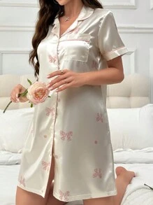 仿丝蝴蝶结印花短袖睡衣长裙 Luxeloungewear - 香檳色 - 查看 3