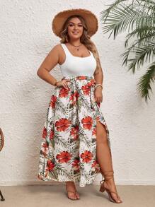 SHEIN VCAY 大码波西米亚风热带印花高开叉吊带连衣裙，适合夏季 - 彩色 - 查看 6