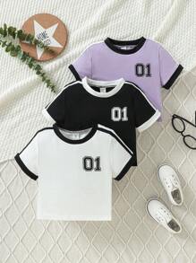 SHEIN Young Girls' Multiple Pieces Set Of Color-Blocked Short-Sleeved T-Shirt With Digital Print, Spring/Summer - Multicolor - View 1